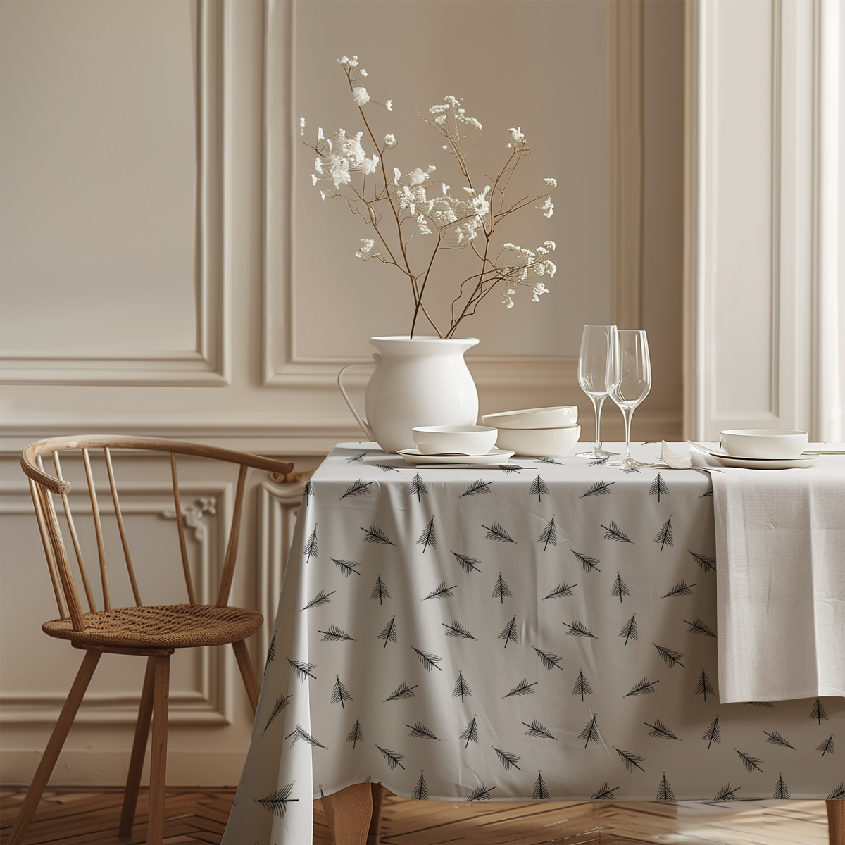 biały obrus z czarnymi choinkami w jasnym wnętrzu jadalni