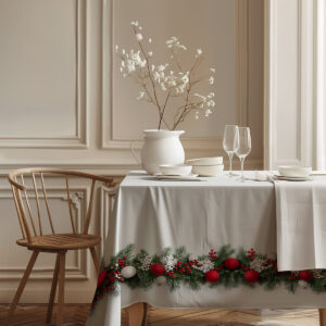 obrus bożonarodzeniowy z realistycznym wzorem gałązek świerku i bombek