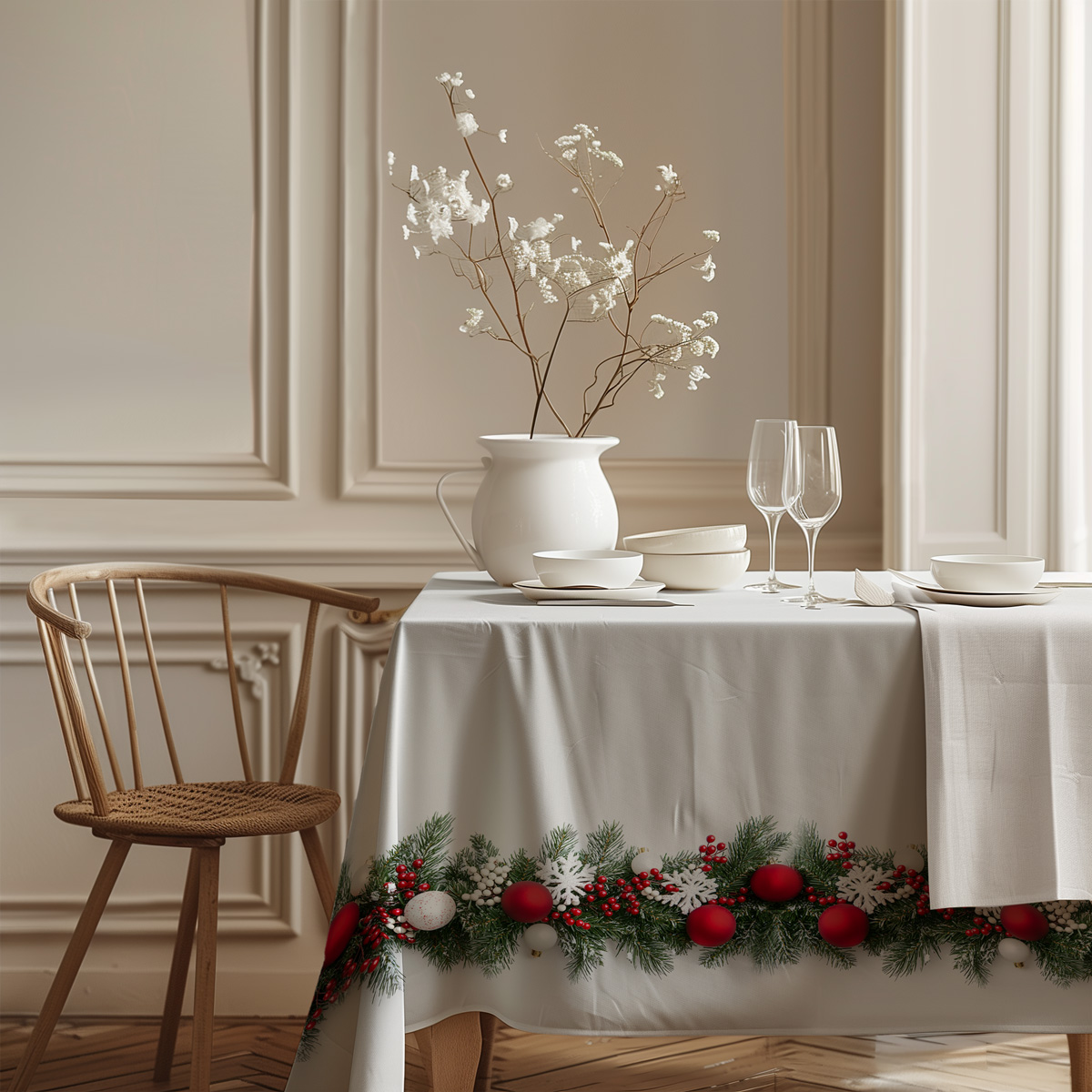 obrus bożonarodzeniowy z realistycznym wzorem gałązek świerku i bombek