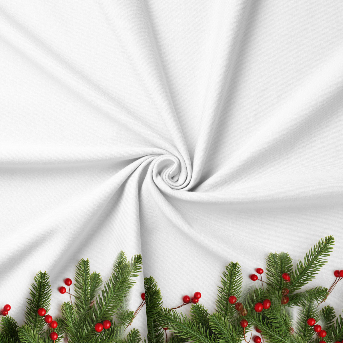 tkanina świąteczna z gałązkami świerku i czerwonymi owocami