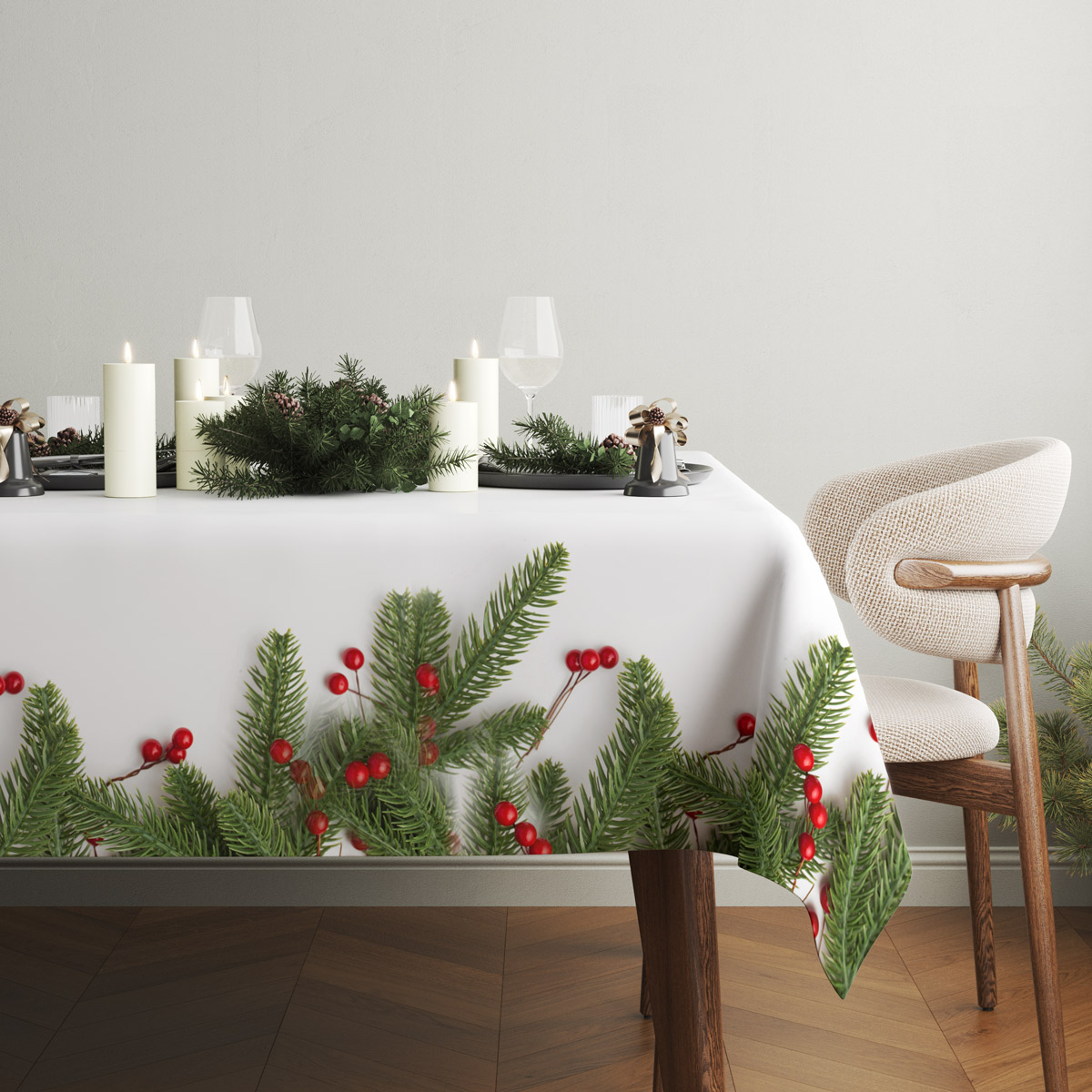 elegancki biały obrus bożonarodzeniowy z naturalnym wzorem