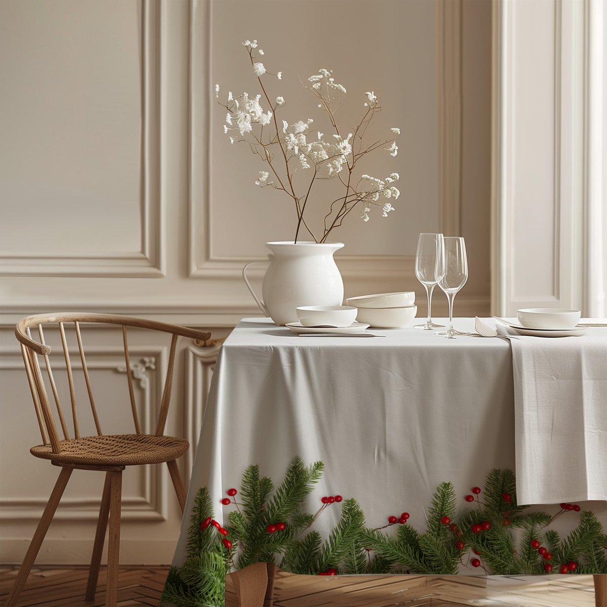 biały obrus świąteczny w naturalnym stylu z zielenią i czerwienią