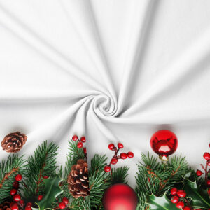 tkanina świąteczna biała z realistycznym motywem świerku i bombek