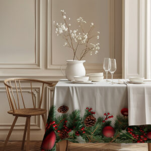 biały obrus świąteczny z czerwonymi ozdobami i gałązkami świerku