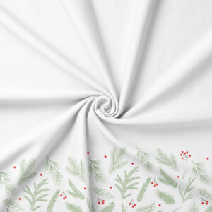 tkanina świąteczna z motywem gałązek i czerwonych jagód na białym tle