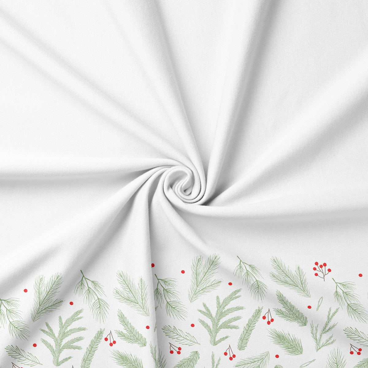 tkanina świąteczna z motywem gałązek i czerwonych jagód na białym tle