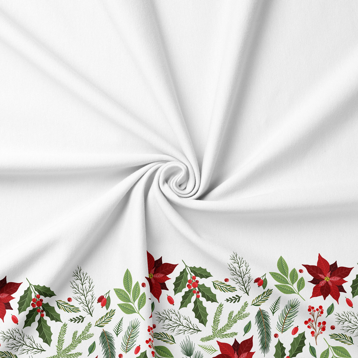 tkanina świąteczna biała z motywem poinsecji, ostrokrzewu i świerku