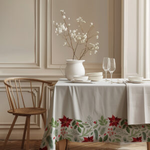 świąteczny obrus z gwiazdą betlejemską i roślinnym wzorem na jasnym tle