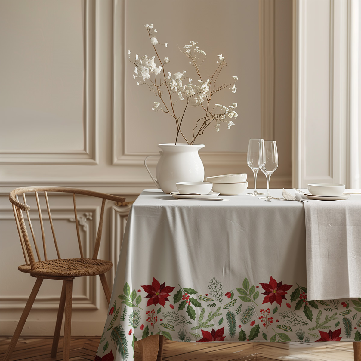 świąteczny obrus z gwiazdą betlejemską i roślinnym wzorem na jasnym tle