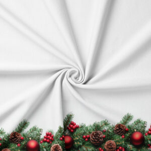 tkanina świąteczna z wzorem gałązek świerku, szyszek i czerwonych ozdób