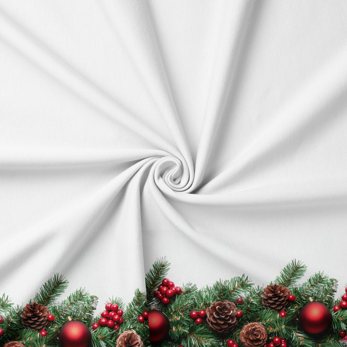 tkanina świąteczna z wzorem gałązek świerku, szyszek i czerwonych ozdób