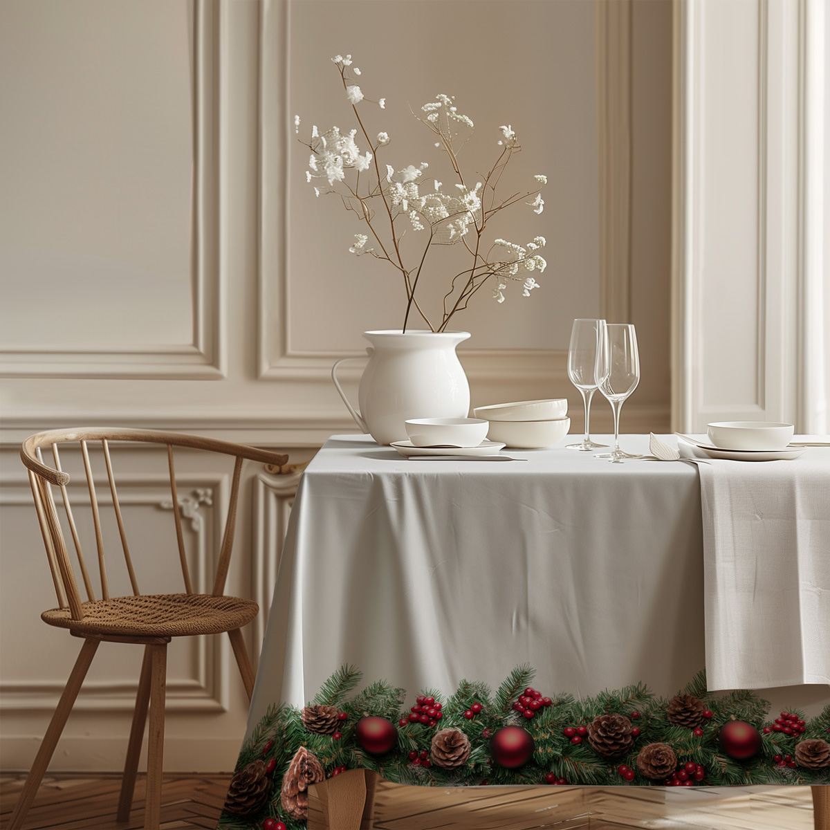 obrus bożonarodzeniowy biały z naturalnym motywem świerku i szyszek