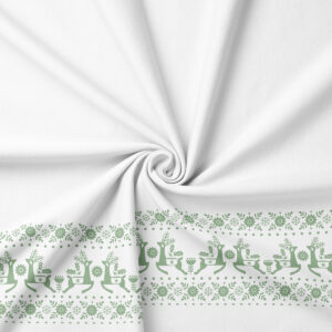 tkanina świąteczna biała z pastelowozielonym wzorem reniferów i śnieżynek