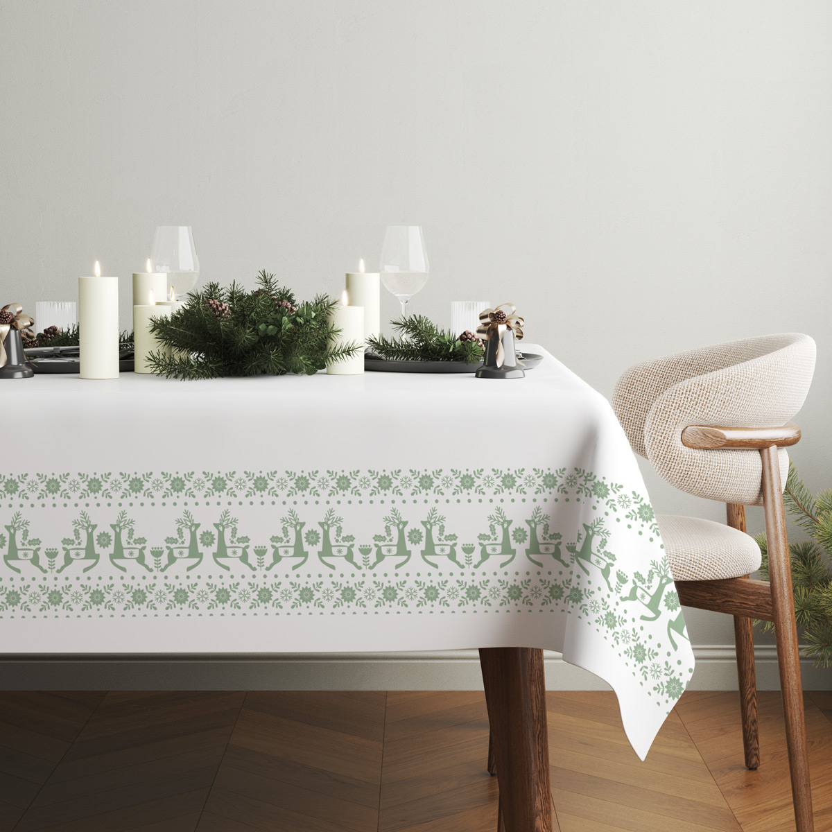 elegancki obrus świąteczny w jasnych barwach z reniferami