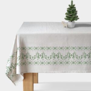 biały obrus świąteczny z zielonym ornamentem reniferów