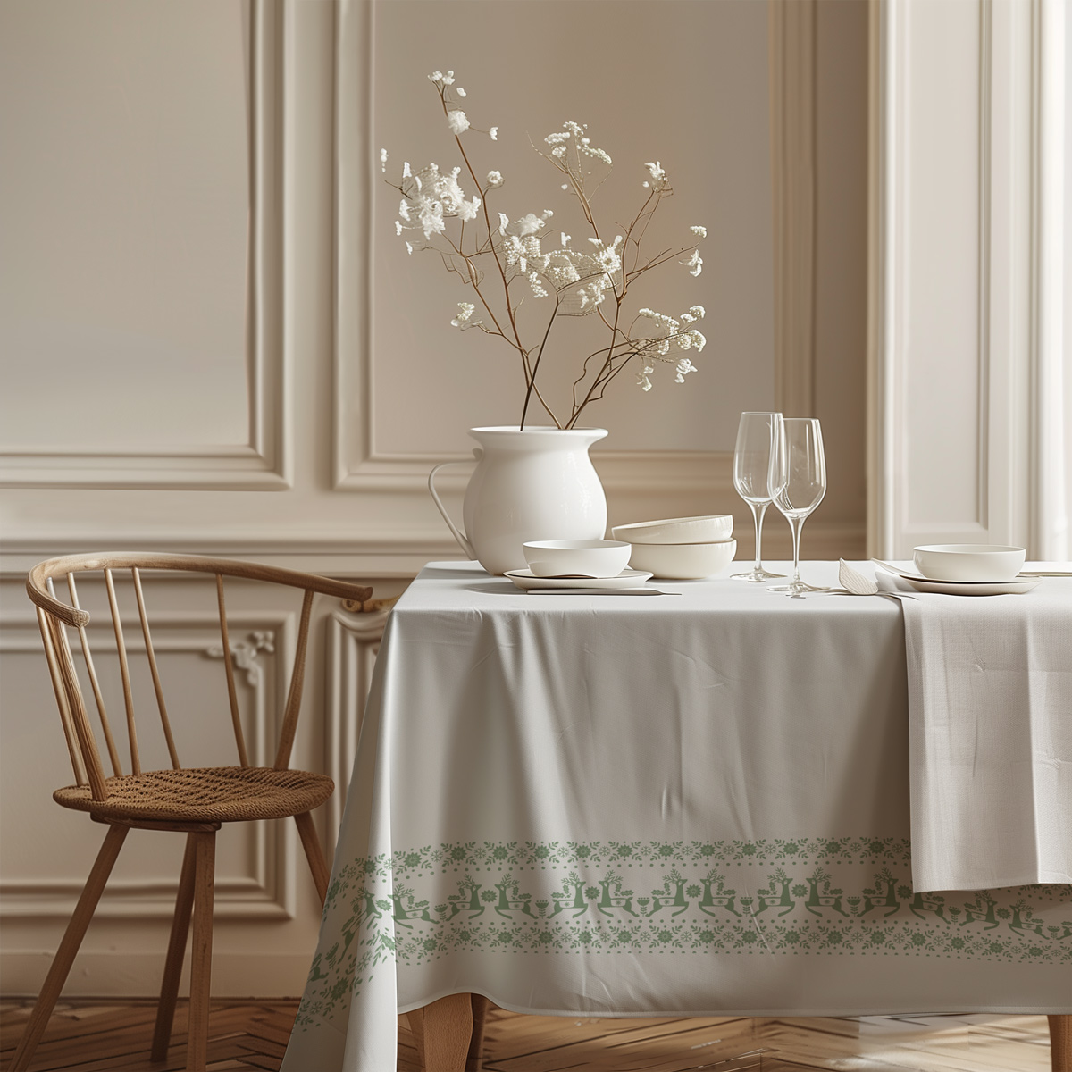 tkanina świąteczna biała z pastelowozielonym wzorem reniferów i śnieżynek