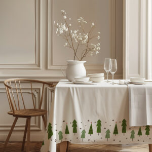obrus świąteczny biały z zielonymi choinkami w klasycznym wnętrzu