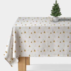 biały obrus świąteczny ze złotym geometrycznym wzorem choinek
