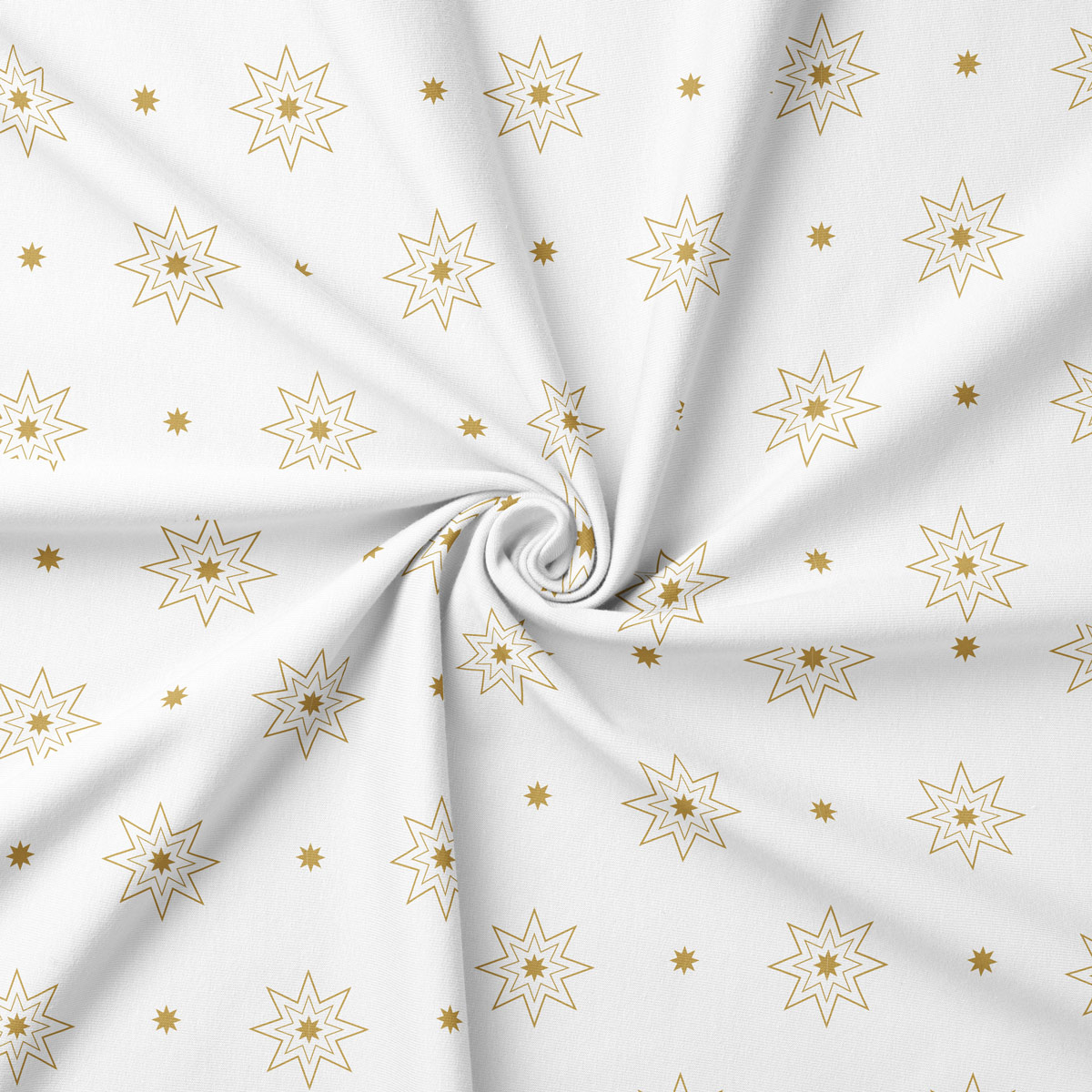 tkanina świąteczna biała w złoty wzór gwiazd