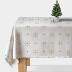 biały obrus świąteczny ze złotymi gwiazdami