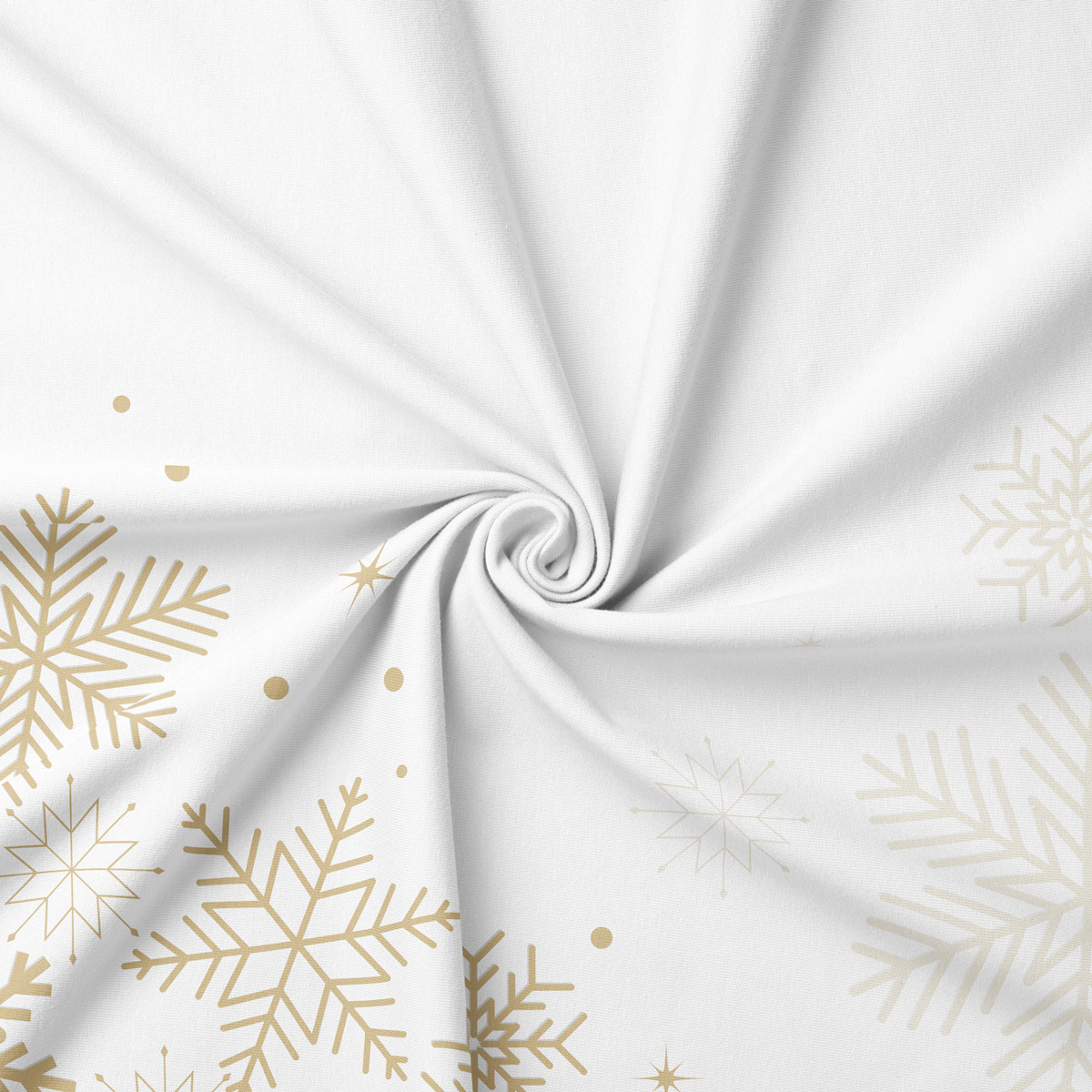 tkanina świąteczna biała ze złotym wzorem płatków śniegu