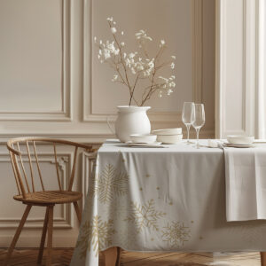 biały obrus na Boże Narodzenie z delikatnym złotym motywem