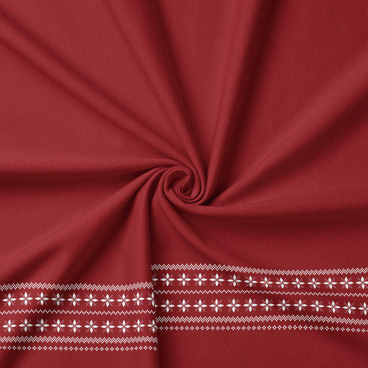 tkanina bordowa z motywem śnieżynek w stylu skandynawskim