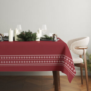 obrus świąteczny bordo z białym haftowanym wzorem na stole