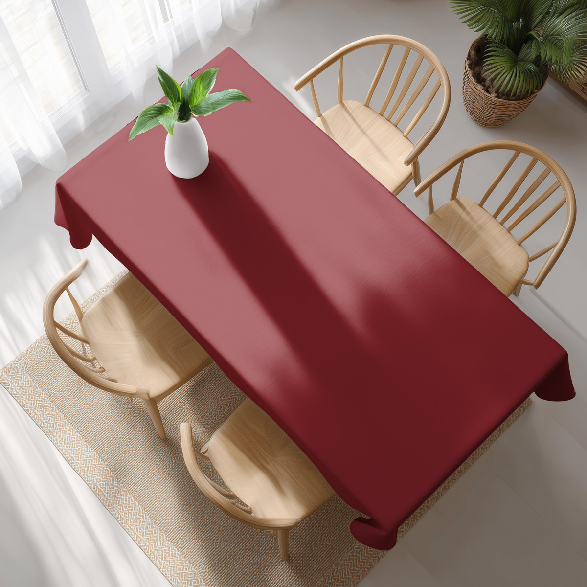 widok z góry na bordowy obrus świąteczny z geometrycznym motywem