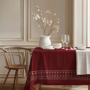 elegancki bordowy obrus świąteczny w klasycznej aranżacji wnętrza