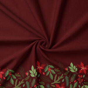 tkanina świąteczna bordowa z motywem gałązek i poinsecji