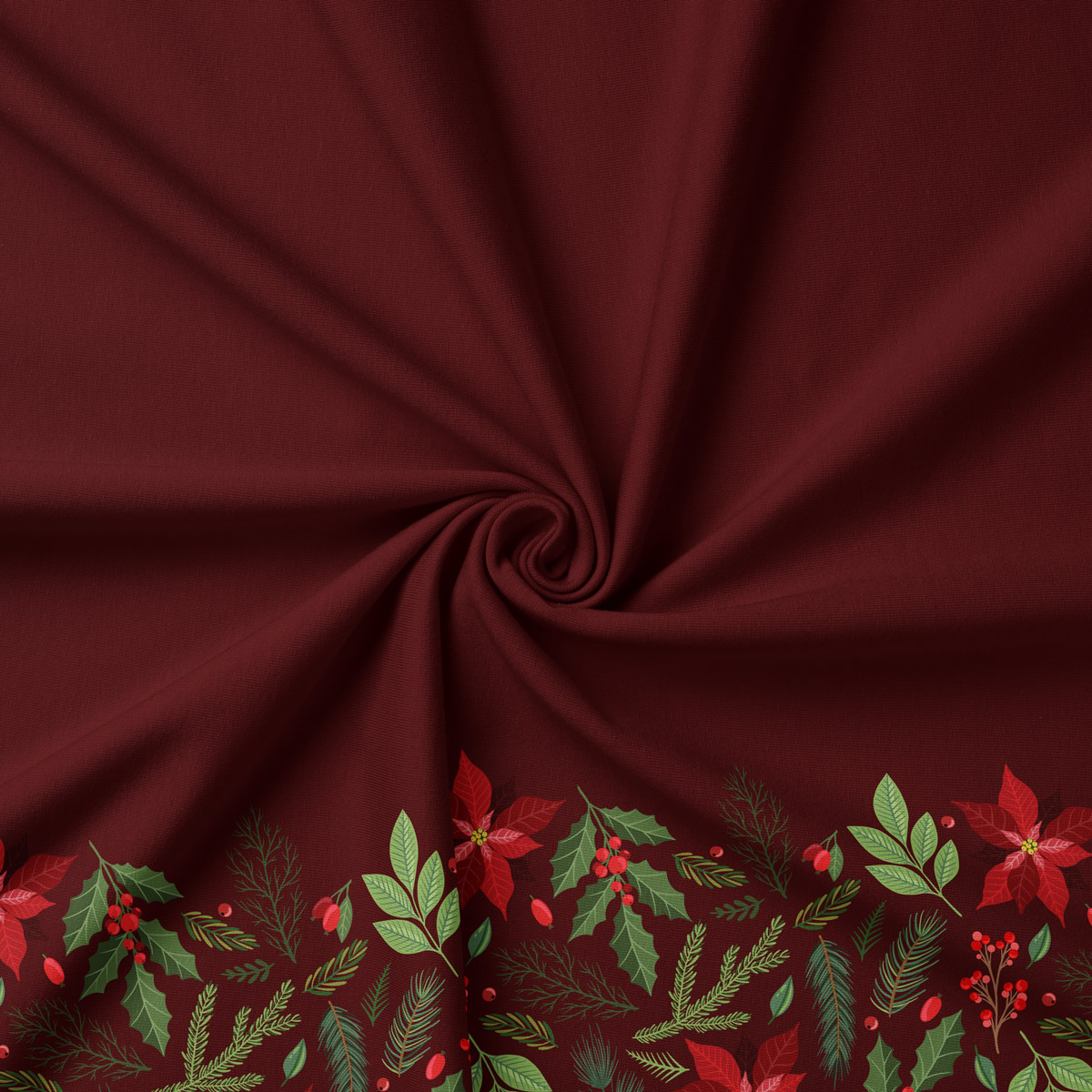 tkanina świąteczna bordowa z motywem gałązek i poinsecji