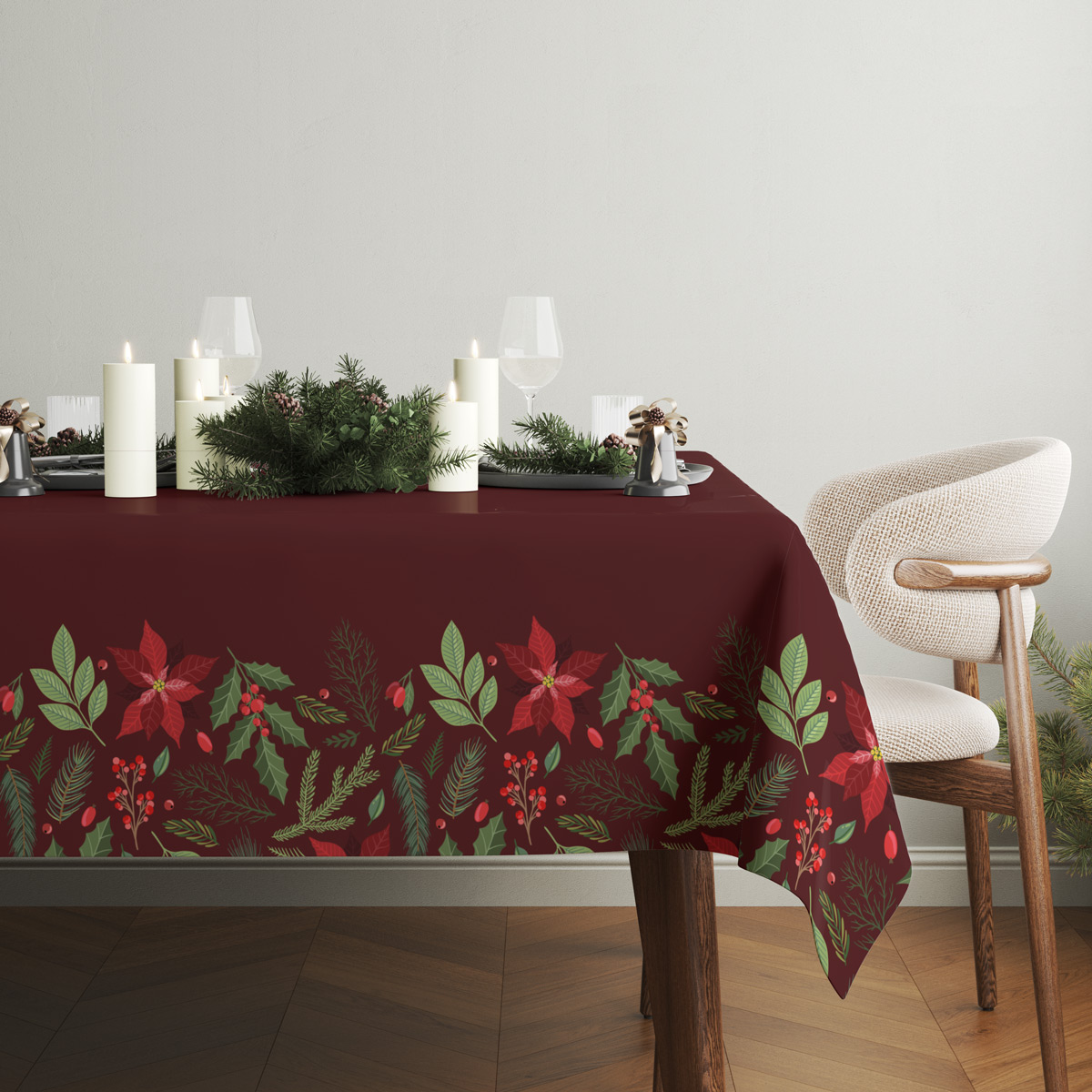 elegancki obrus świąteczny w kolorze bordowym z zielonym wzorem