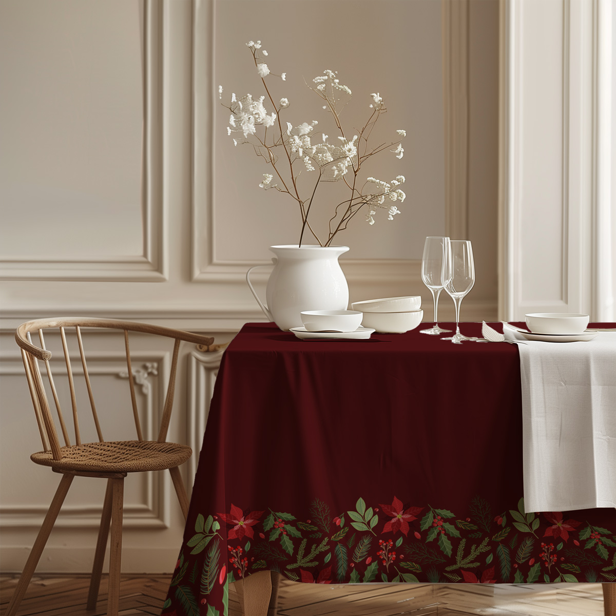Obrus świąteczny na wymiar – bordowy z gwiazdą betlejemską i zielonymi gałązkami - obrazek 3