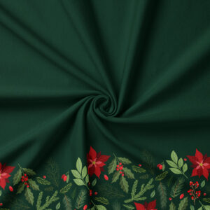 tkanina w kolorze butelkowej zieleni z motywem świątecznym i poinsecją