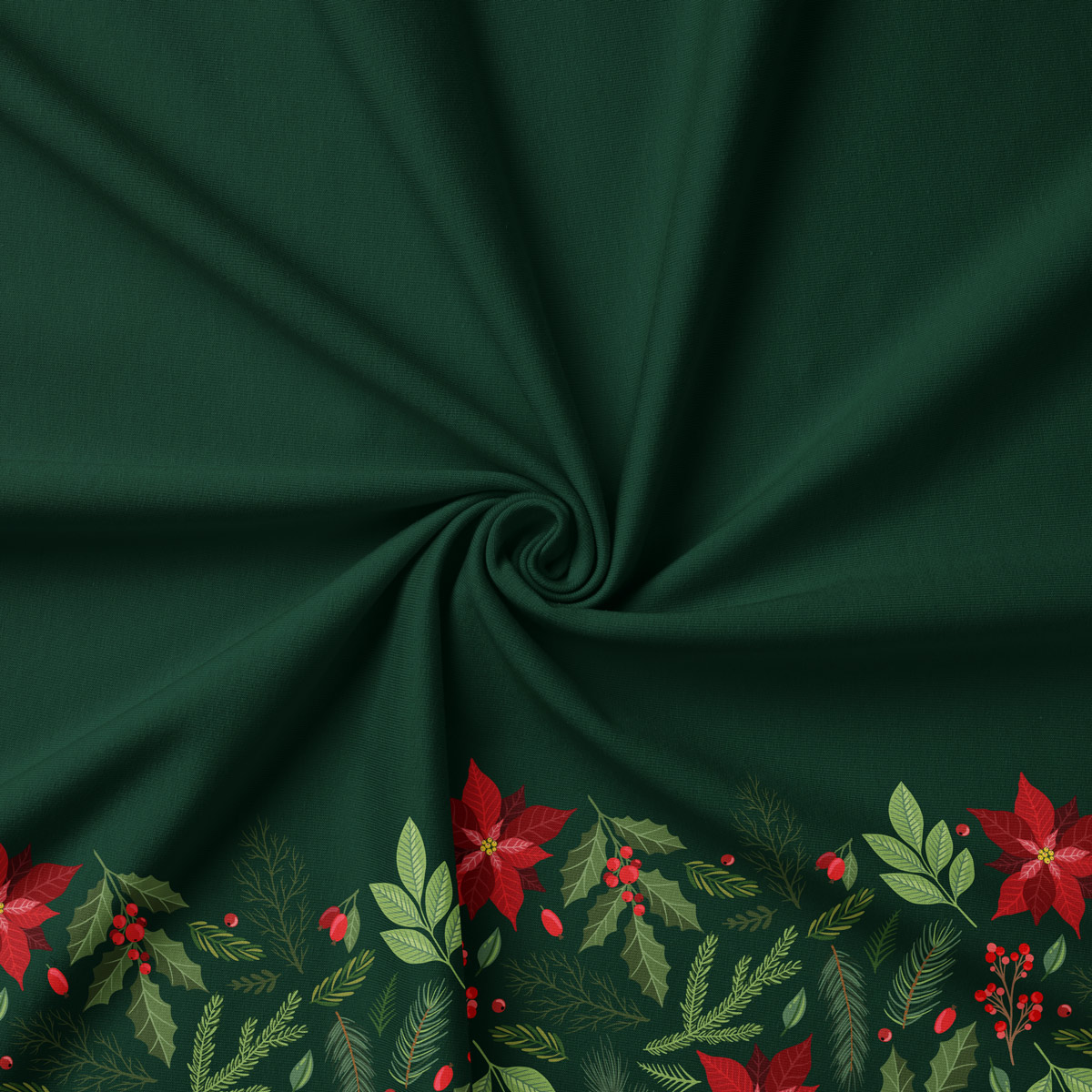 tkanina w kolorze butelkowej zieleni z motywem świątecznym i poinsecją