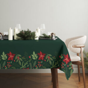 elegancki obrus świąteczny z gwiazdą betlejemską i ostrokrzewem