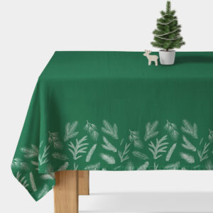 obrus świąteczny butelkowa zieleń z białym wzorem gałązek