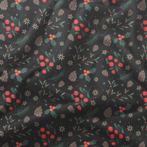 okrągły czarny obrus świąteczny z gałązkami, szyszkami i czerwonymi owocami