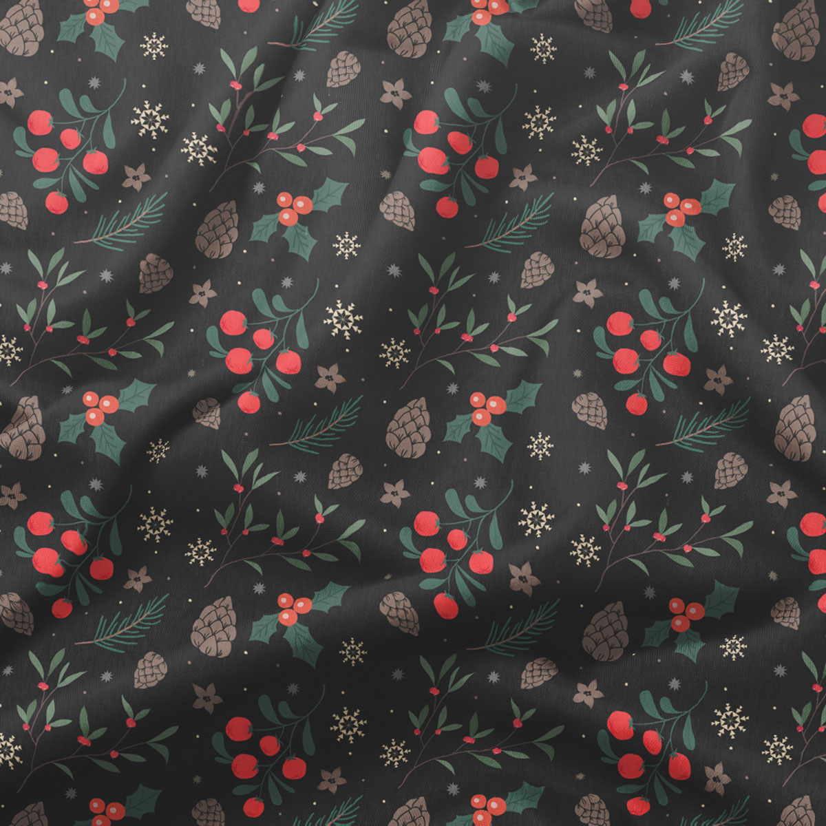 okrągły czarny obrus świąteczny z gałązkami, szyszkami i czerwonymi owocami