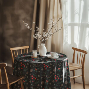 okrągły czarny obrus świąteczny z gałązkami, szyszkami i czerwonymi owocami