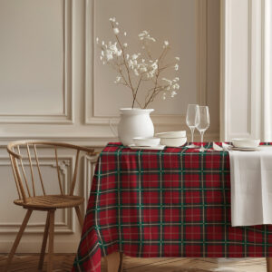 elegancki obrus w czerwono-zieloną kratę w świątecznym wnętrzu
