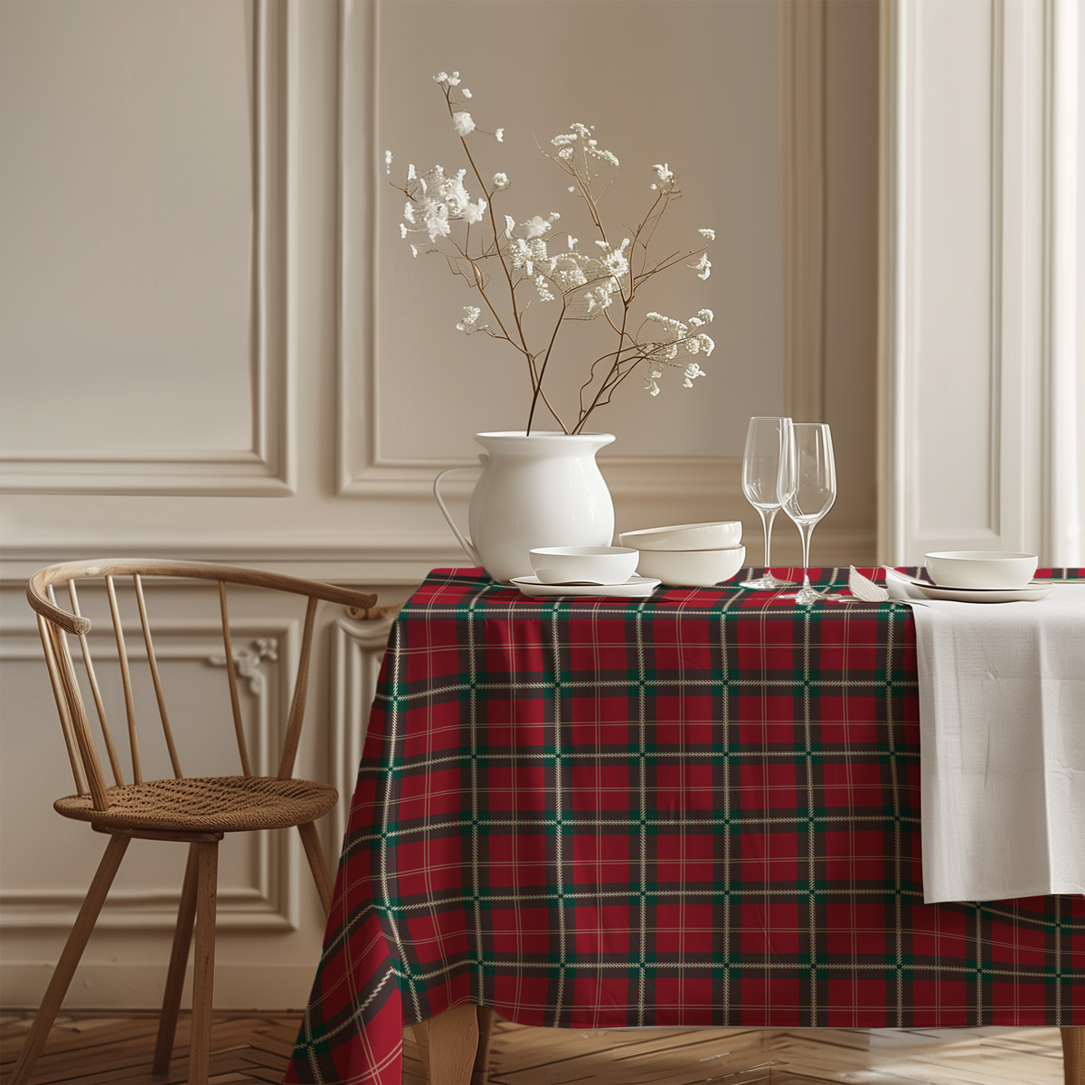 elegancki obrus w czerwono-zieloną kratę w świątecznym wnętrzu