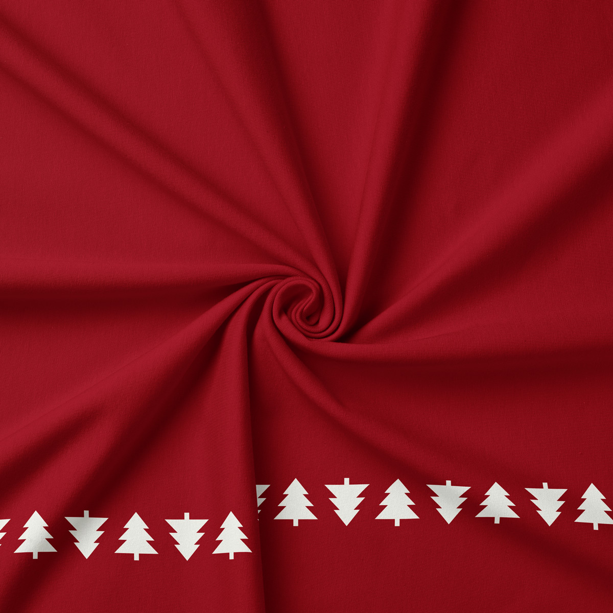 tkanina czerwona z choinkowym motywem przy brzegu