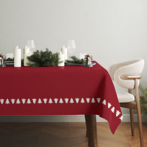 obrus czerwony z białymi choinkami w aranżacji świątecznej
