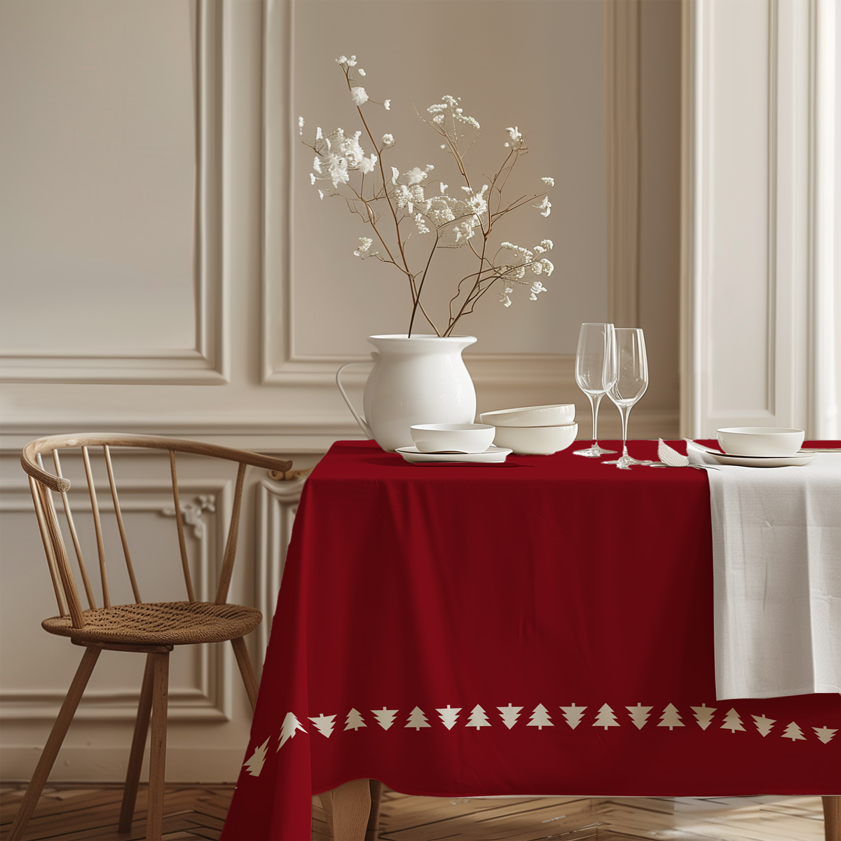 elegancki czerwony obrus z białym choinkowym wzorem w klasycznym wnętrzu