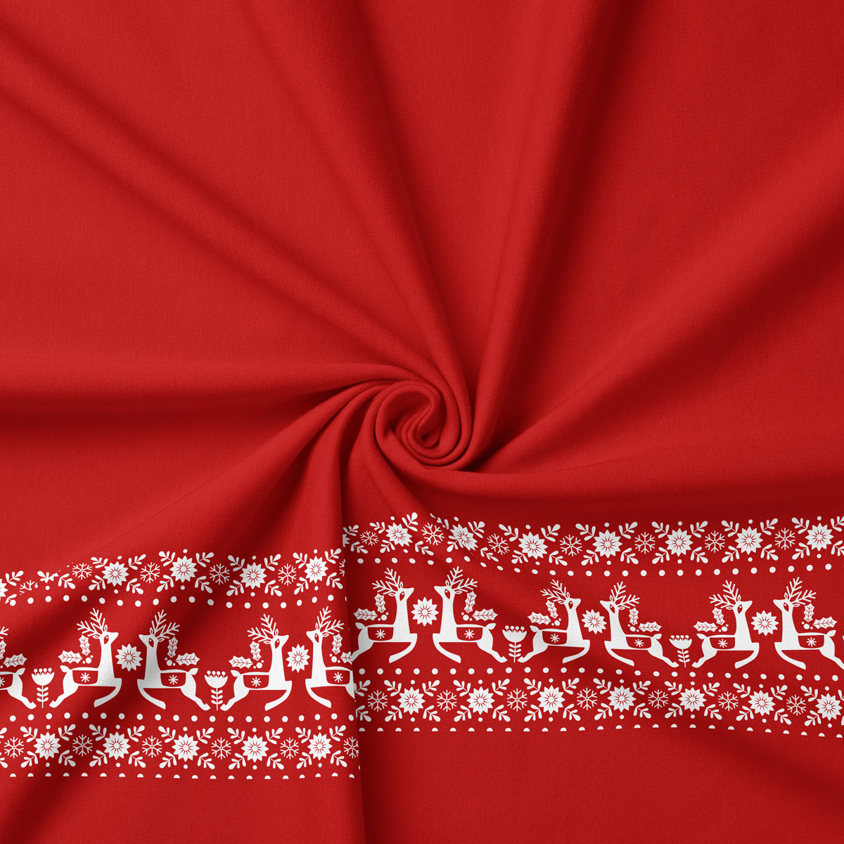 tkanina świąteczna czerwona z białym wzorem reniferów