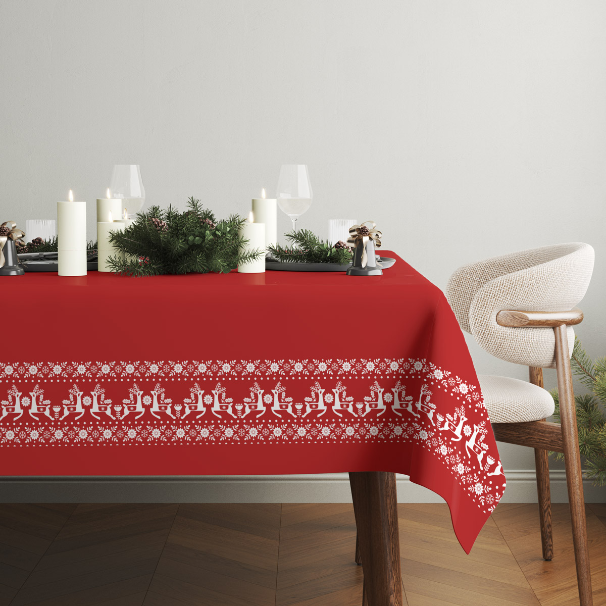 elegancki czerwony obrus świąteczny w skandynawskim stylu