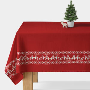 czerwony obrus świąteczny z reniferami i białym ornamentem