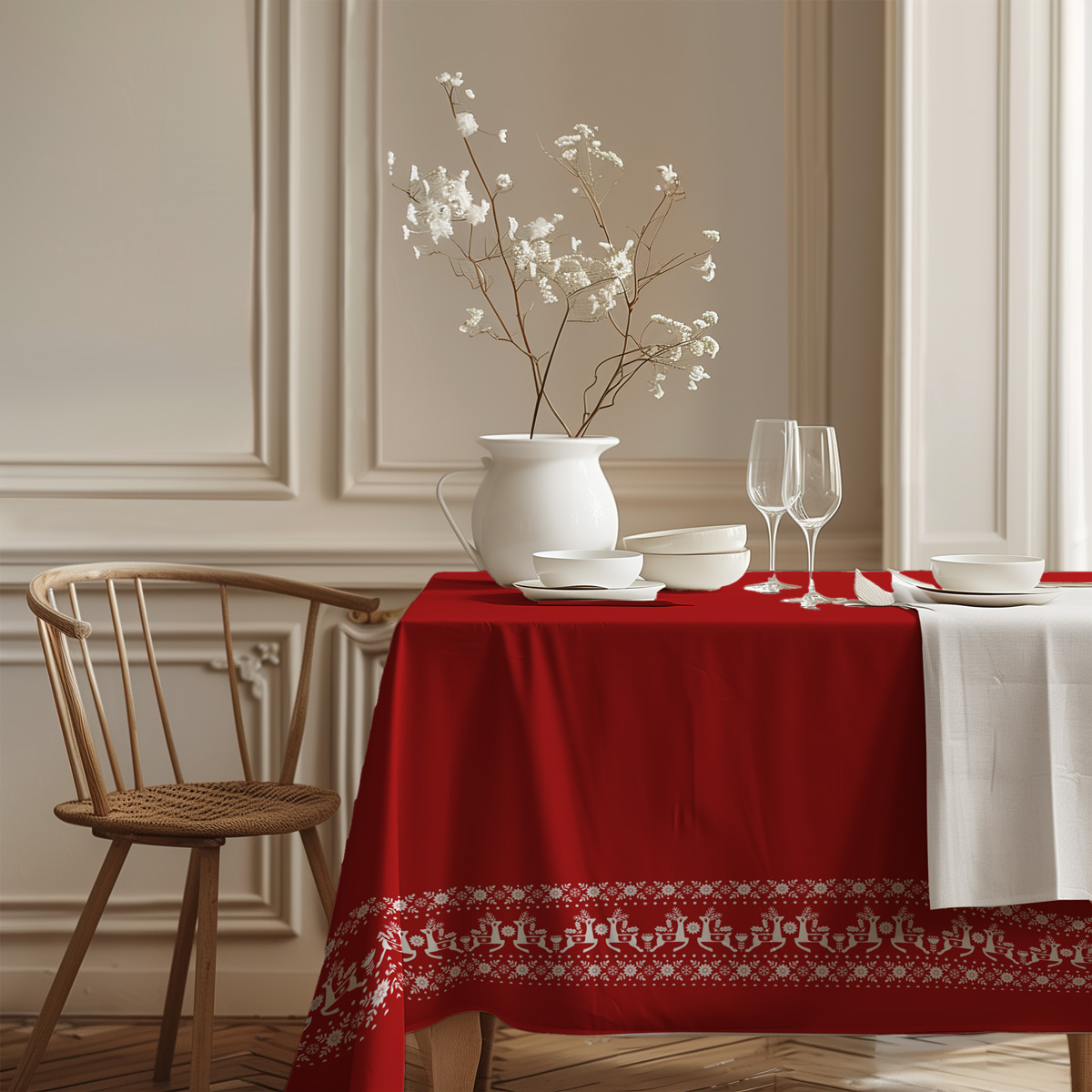 czerwony obrus świąteczny z białym ornamentem w eleganckiej aranżacji stołu